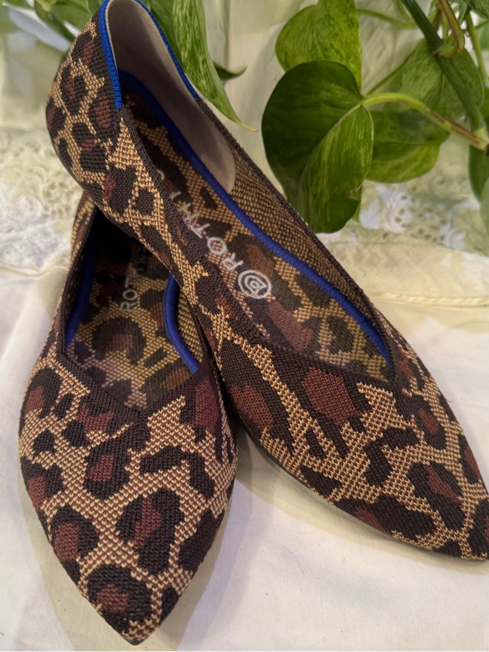 Rothy's Leopard Pointed Toe Flats with Blue Trim